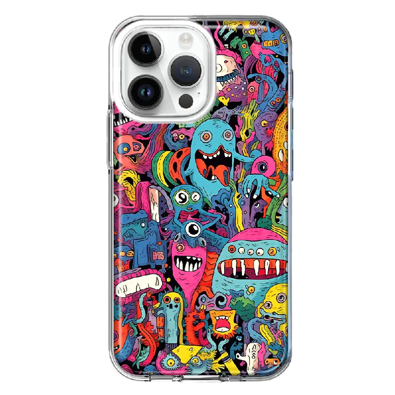 For Apple iPhone 15 Pro Max Psychedelic Trippy Happy Aliens Characters Design Hybrid Protective Phone Case Cover