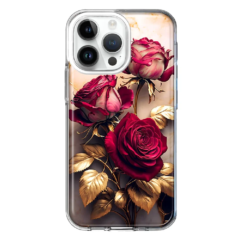 For Apple iPhone 15 Pro Max Romantic Elegant Gold Marble Red Roses Double Layer Phone Case Cover