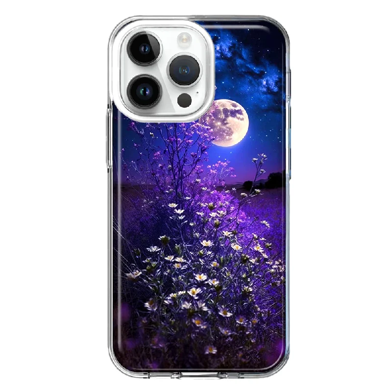 For Apple iPhone 15 Pro Max Spring Moon Night Lavender Flowers Floral Design Hybrid Protective Phone Case Cover