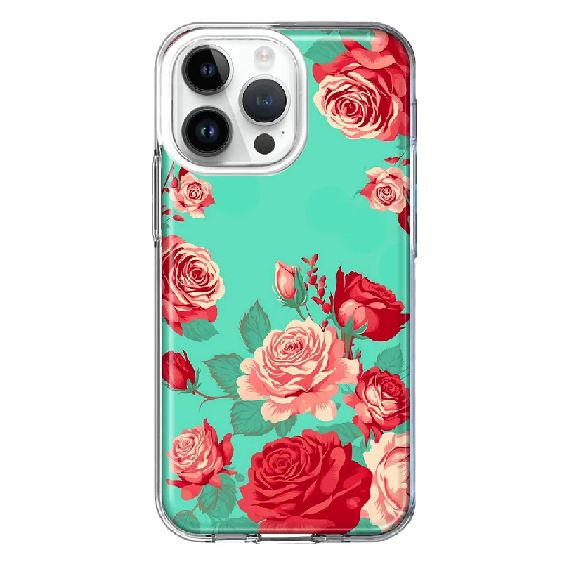 For Apple iPhone 15 Pro Max Turquoise Teal Vintage Pastel Pink Red Roses Double Layer Phone Case Cover