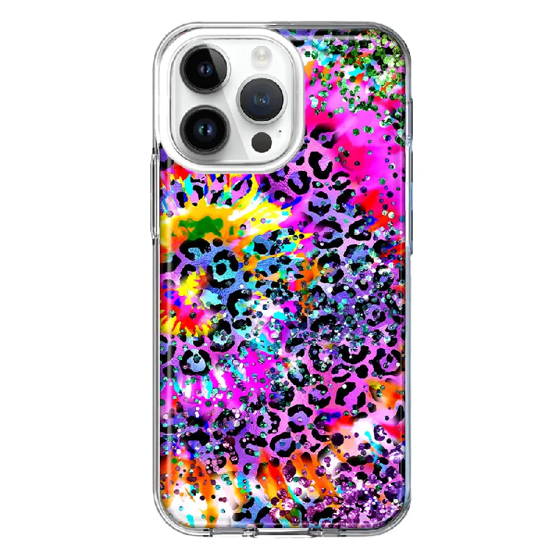 For Apple iPhone 15 Pro Max Vibrant Pink Purple Tie Dye Summer Leopard Swirl Rainbow Design Hybrid Protective Phone Case Cover