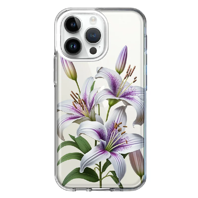 For Apple iPhone 15 Pro Max White Lavender Lily Purple Flowers Floral Hybrid Protective Phone Case Cover