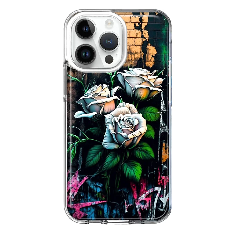 For Apple iPhone 15 Pro Max White Roses Graffiti Wall Art Painting Design Hybrid Protective Phone Case Cover