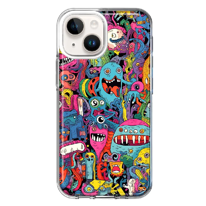 For Apple iPhone 15 Psychedelic Trippy Happy Aliens Characters Design Hybrid Protective Phone Case Cover