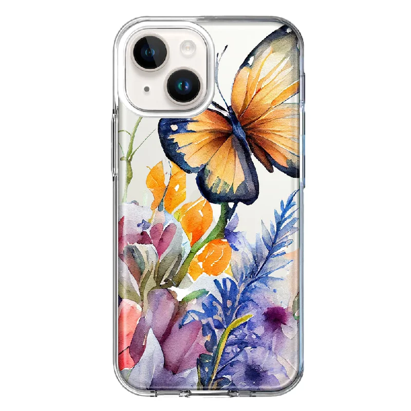 For Apple iPhone 15 Spring Summer Flowers Butterfly Purple Blue Lilac Floral Case Cover