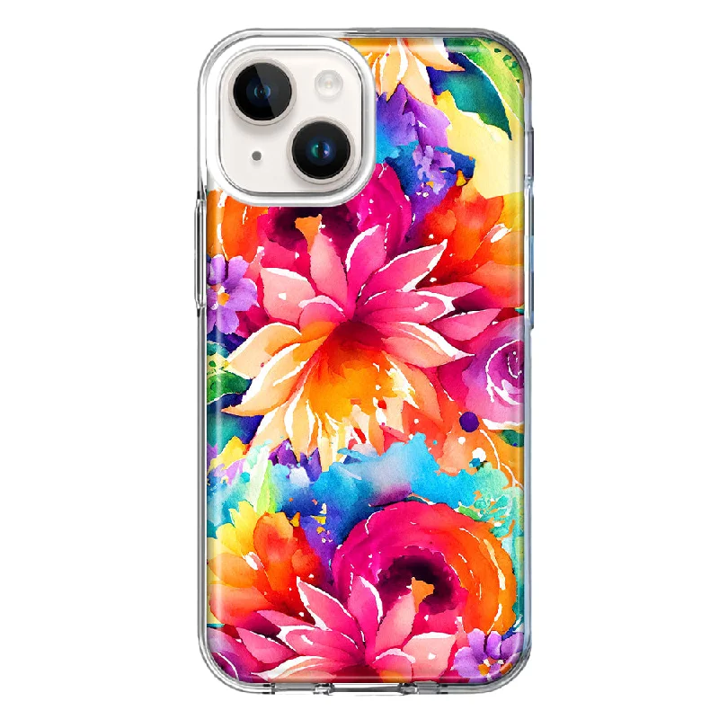 For Apple iPhone 15 Watercolor Paint Summer Rainbow Flowers Bouquet Bloom Floral Case Cover