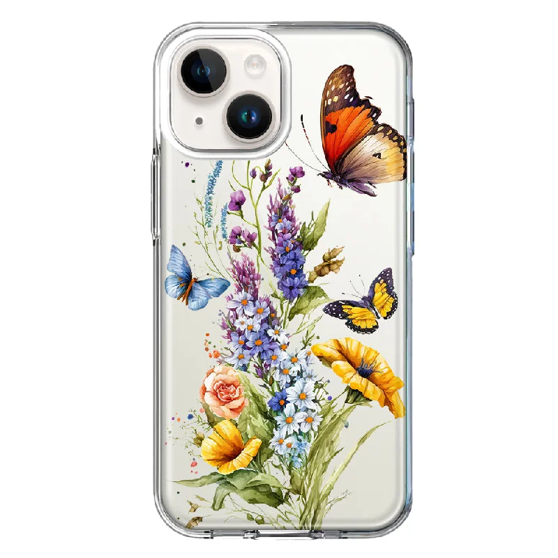 For Apple iPhone 15 Yellow Purple Spring Flowers Butterflies Floral Case Cover