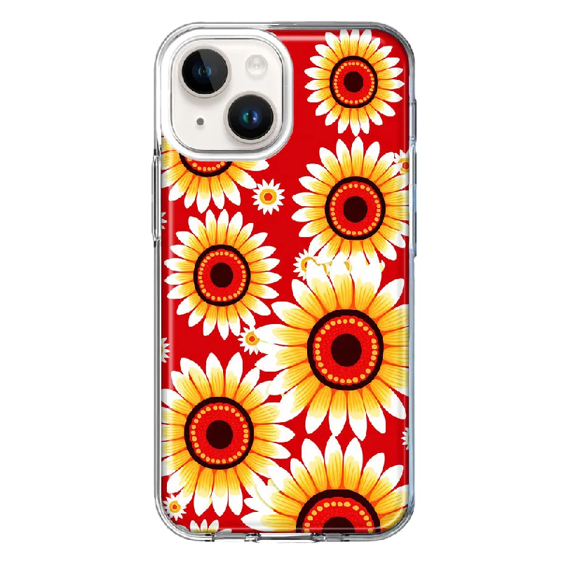 For Apple iPhone 15 Yellow Sunflowers Polkadot on Red Case Cover