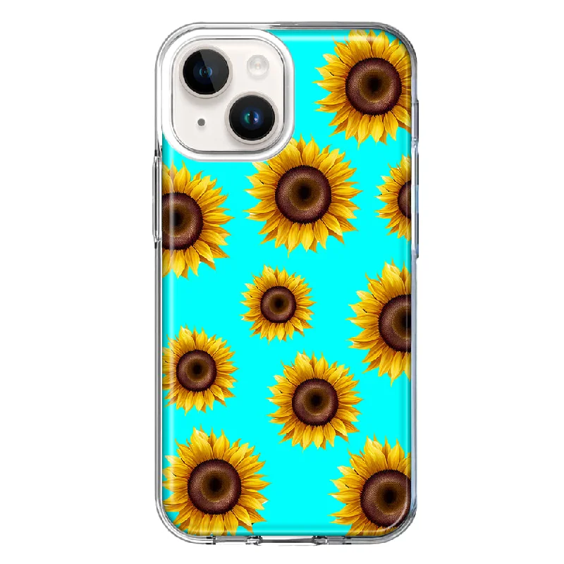 For Apple iPhone 15 Yellow Sunflowers Polkadot on Turquoise Teal Case Cover