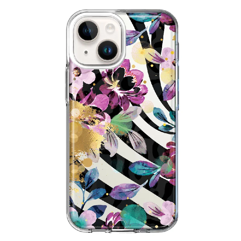 For Apple iPhone 15 Zebra Stripes Tropical Flowers Purple Blue Summer Vibes Case Cover