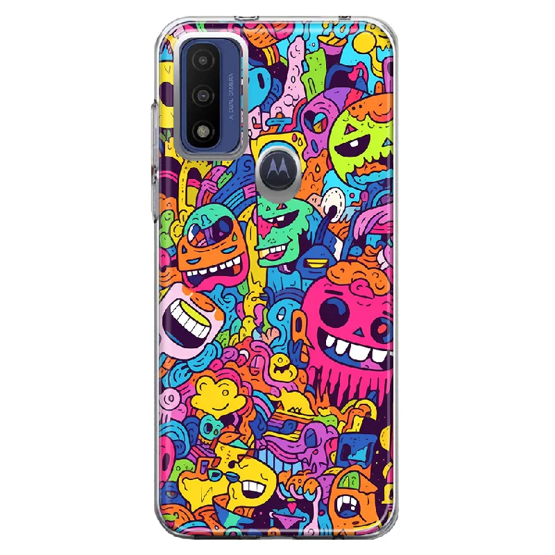 For Motorola Moto G Play 2023 Psychedelic Trippy Happy Characters Pop Art Design Hybrid Protective Phone Case Cover