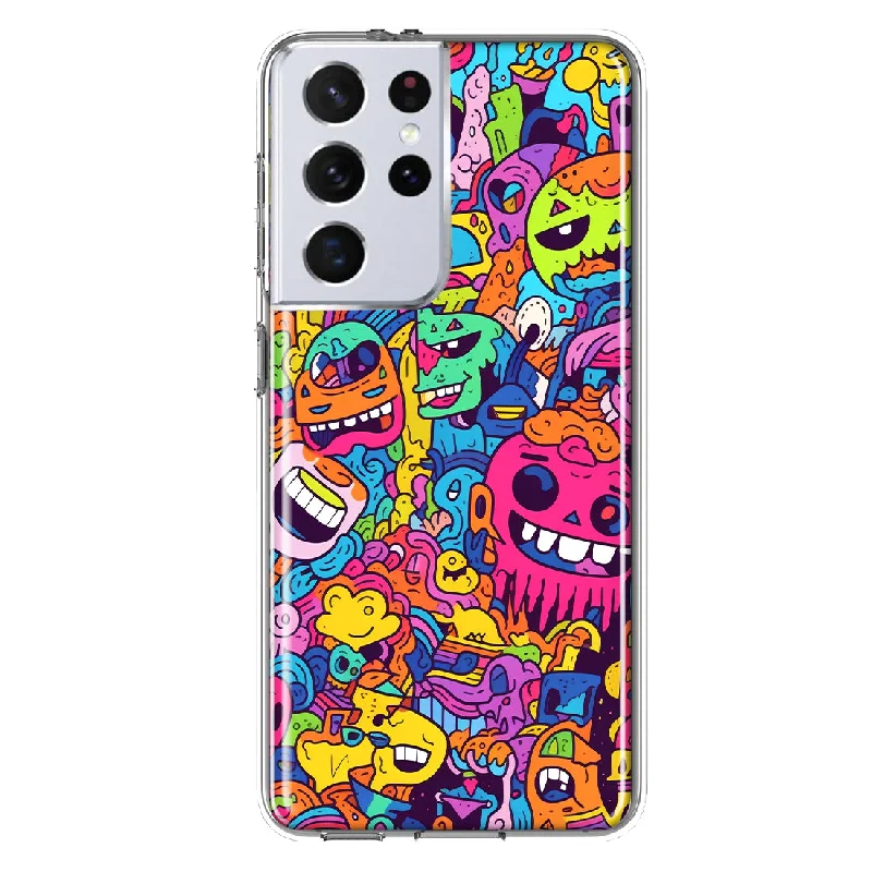 For Samsung Galaxy S21 Ultra Psychedelic Trippy Happy Characters Pop Art Design Hybrid Protective Phone Case Cover