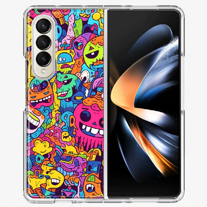 For Samsung Galaxy Z Fold 4 Psychedelic Trippy Happy Characters Pop Art Design Hybrid Protective Phone Case Cover