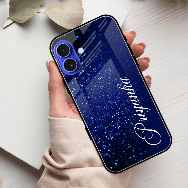 Blue Glitter Customize Glass Case Cover For iPhone