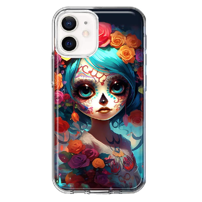 For Apple iPhone 12 Mini Halloween Spooky Colorful Day of the Dead Skull Girl Design Hybrid Protective Phone Case Cover