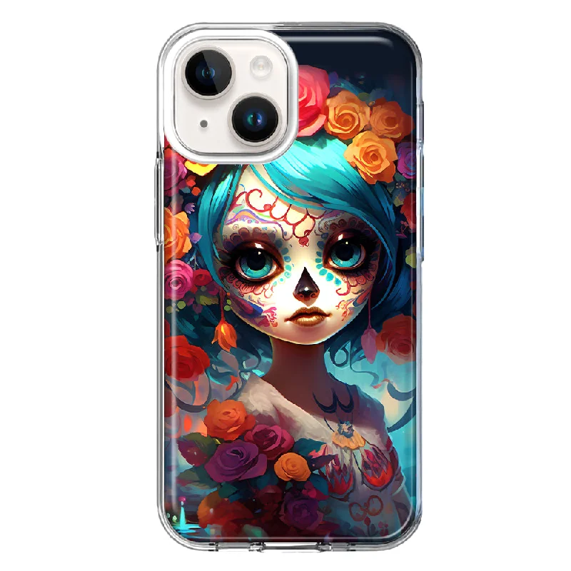 For Apple iPhone 13 Mini Halloween Spooky Colorful Day of the Dead Skull Girl Design Hybrid Protective Phone Case Cover