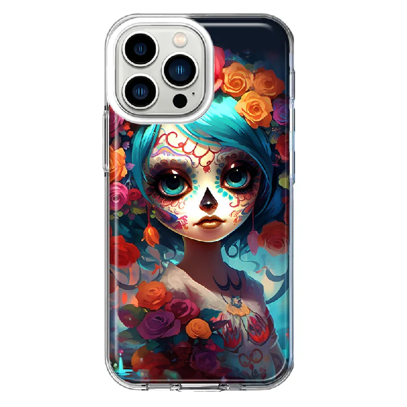 For Apple iPhone 13 Pro Halloween Spooky Colorful Day of the Dead Skull Girl Design Hybrid Protective Phone Case Cover