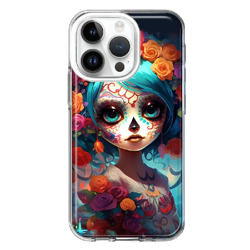 For Apple iPhone 14 Pro Halloween Spooky Colorful Day of the Dead Skull Girl Design Hybrid Protective Phone Case Cover