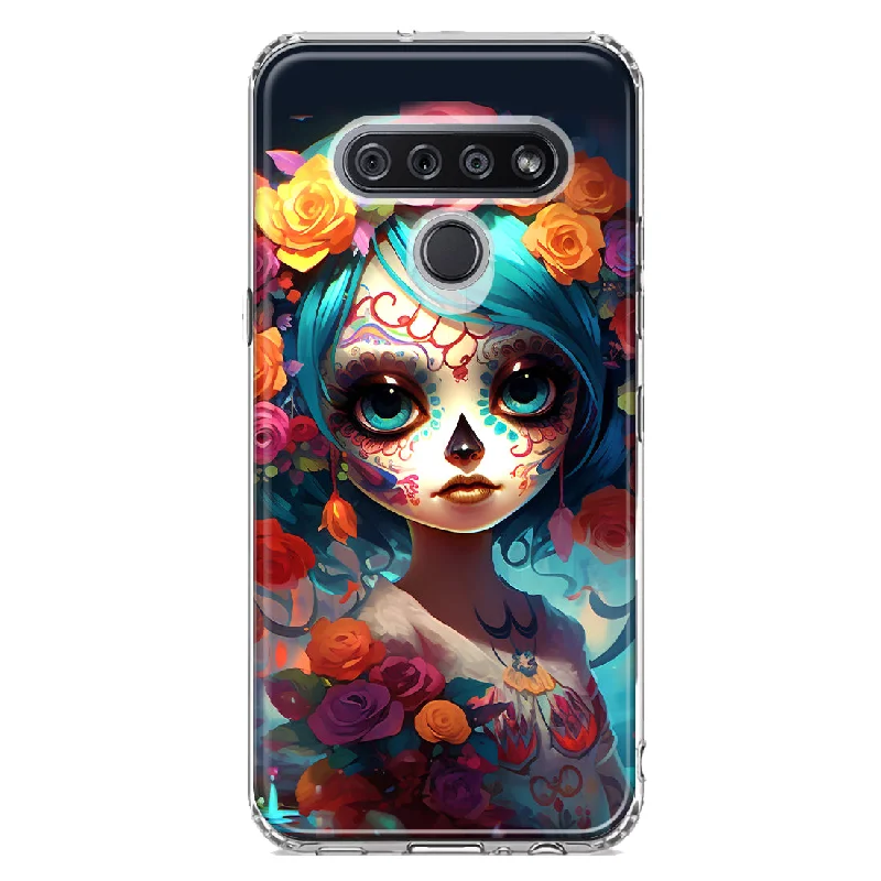 For LG Stylo 6 Halloween Spooky Colorful Day of the Dead Skull Girl Design Hybrid Protective Phone Case Cover