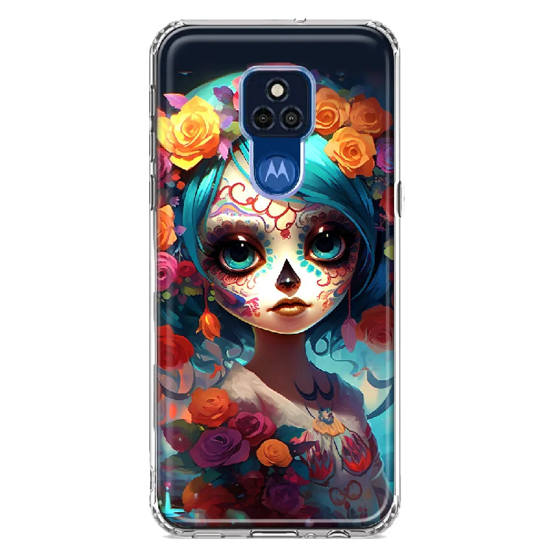 For Motorola Moto G Play 2021 Halloween Spooky Colorful Day of the Dead Skull Girl Design Hybrid Protective Phone Case Cover