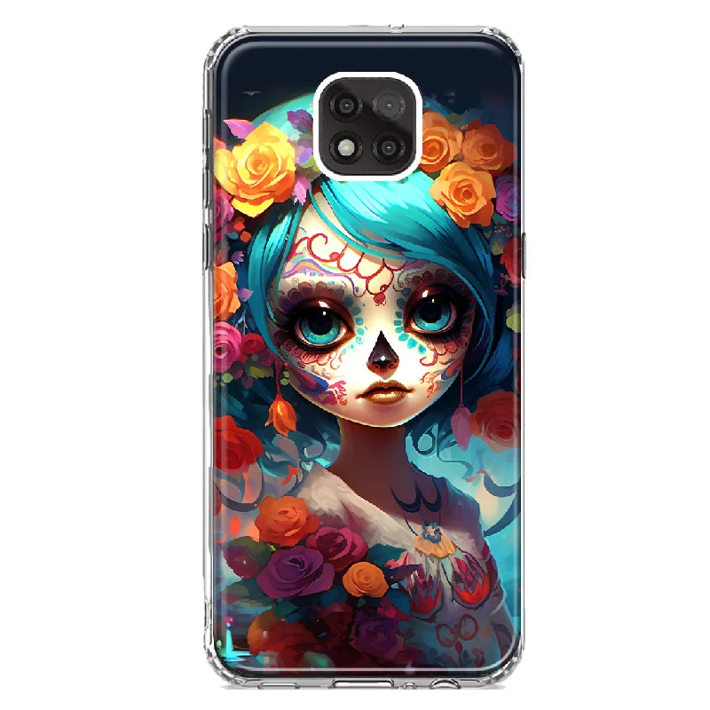 For Motorola Moto G Power 2021 Halloween Spooky Colorful Day of the Dead Skull Girl Design Hybrid Protective Phone Case Cover