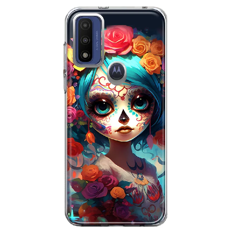 For Motorola Moto G Pure G Power 2022 G Play 2023 Halloween Spooky Colorful Day of the Dead Skull Girl Design Hybrid Protective Phone Case Cover