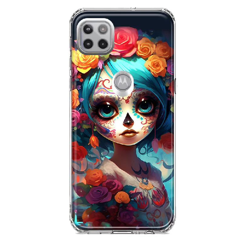 For Motorola One 5G Halloween Spooky Colorful Day of the Dead Skull Girl Design Hybrid Protective Phone Case Cover