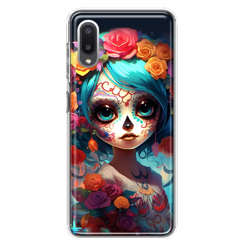 For Samsung Galaxy A02 Halloween Spooky Colorful Day of the Dead Skull Girl Design Hybrid Protective Phone Case Cover