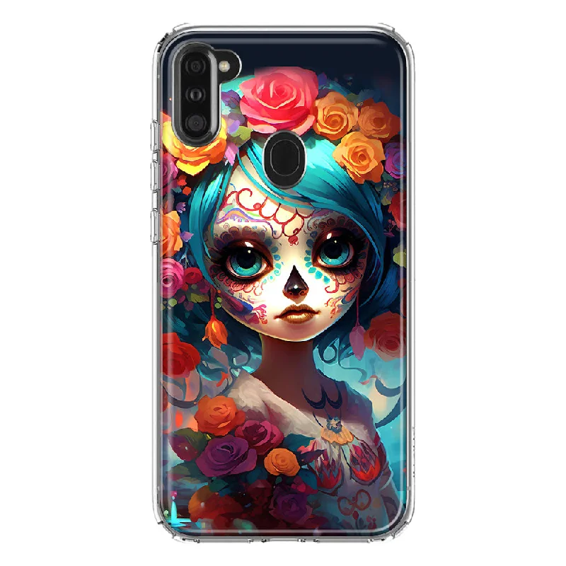 For Samsung Galaxy A11 Halloween Spooky Colorful Day of the Dead Skull Girl Design Hybrid Protective Phone Case Cover