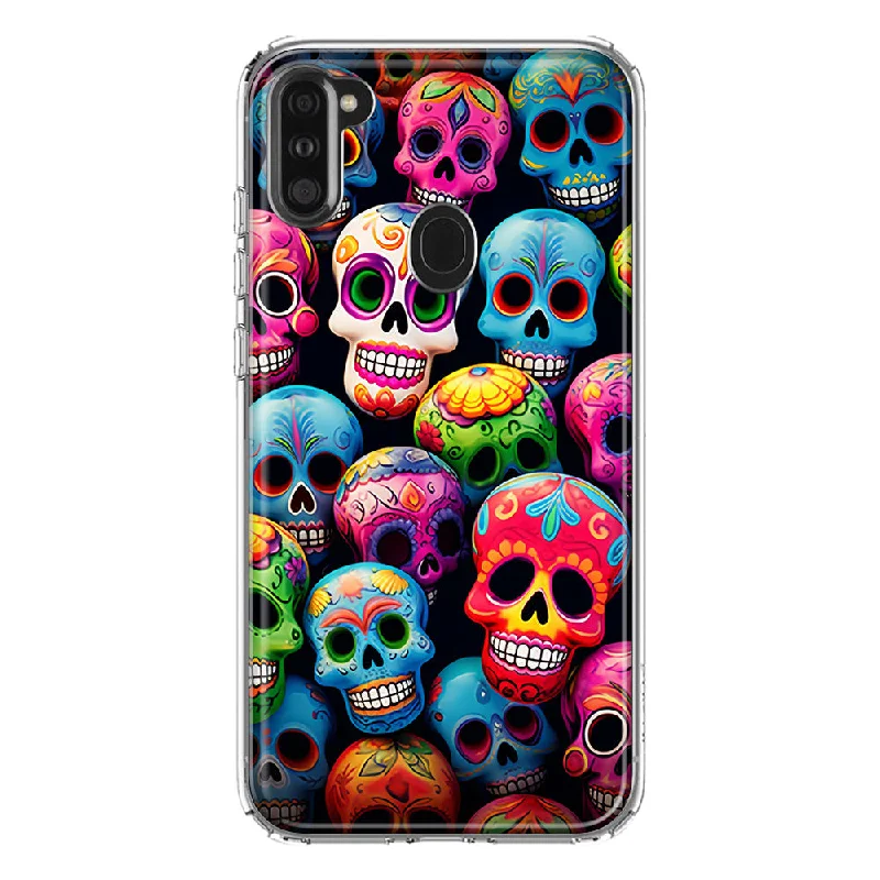 For Samsung Galaxy A11 Halloween Spooky Colorful Day of the Dead Skulls Design Hybrid Protective Phone Case Cover