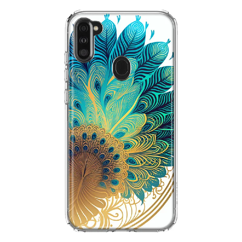 For Samsung Galaxy A11 Mandala Geometry Abstract Peacock Feather Pattern Design Hybrid Protective Phone Case Cover