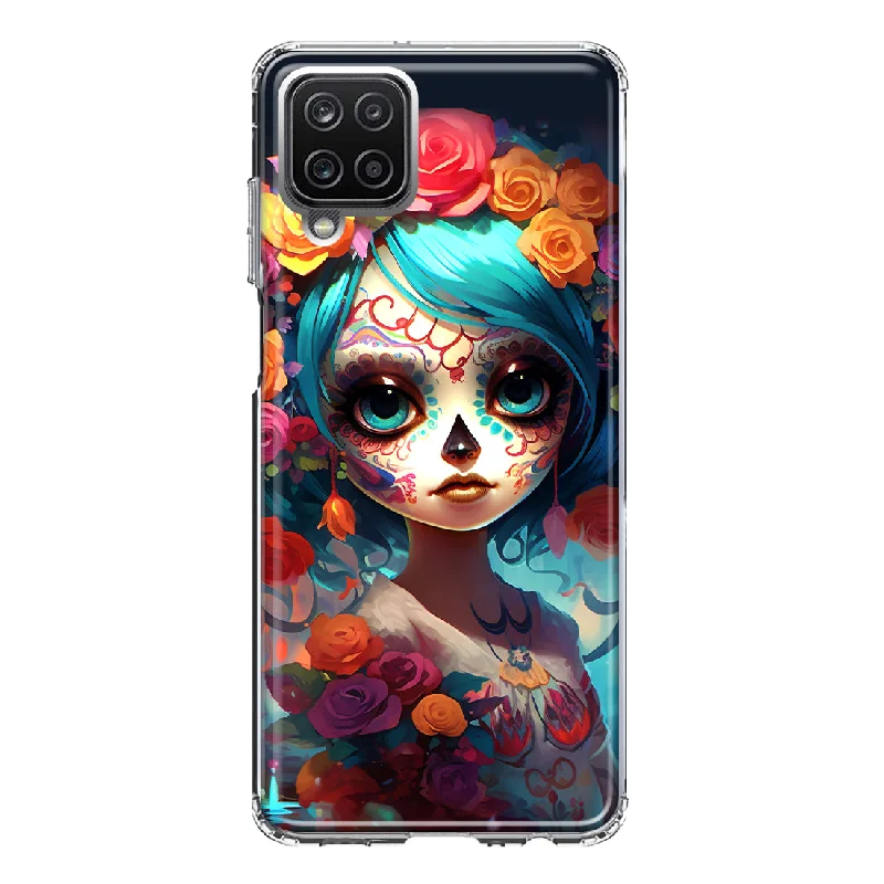 For Samsung Galaxy A12 Halloween Spooky Colorful Day of the Dead Skull Girl Design Hybrid Protective Phone Case Cover