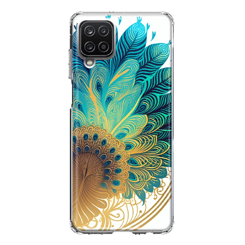 For Samsung Galaxy A12 Mandala Geometry Abstract Peacock Feather Pattern Design Hybrid Protective Phone Case Cover