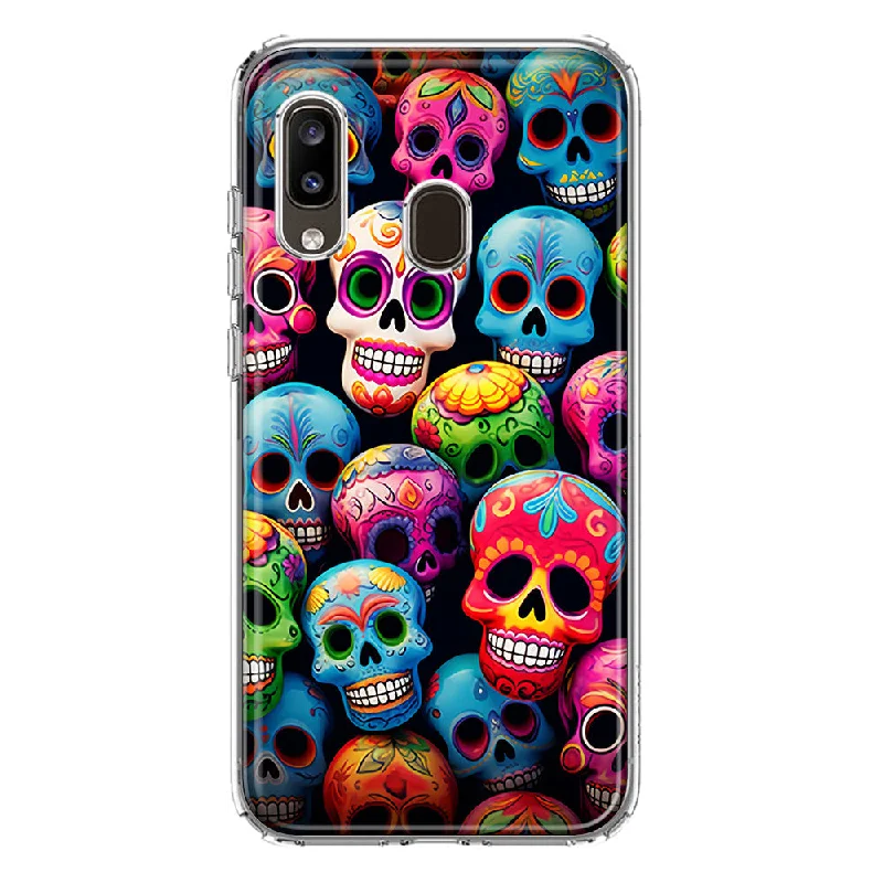 For Samsung Galaxy A20 Halloween Spooky Colorful Day of the Dead Skulls Design Hybrid Protective Phone Case Cover