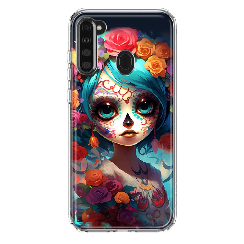 For Samsung Galaxy A21 Halloween Spooky Colorful Day of the Dead Skull Girl Design Hybrid Protective Phone Case Cover