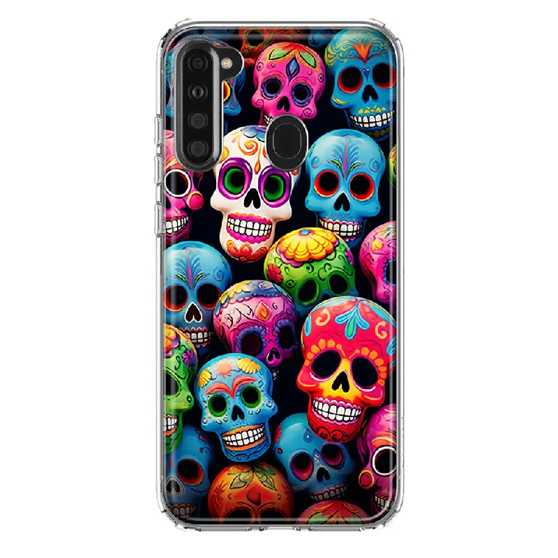 For Samsung Galaxy A21 Halloween Spooky Colorful Day of the Dead Skulls Design Hybrid Protective Phone Case Cover