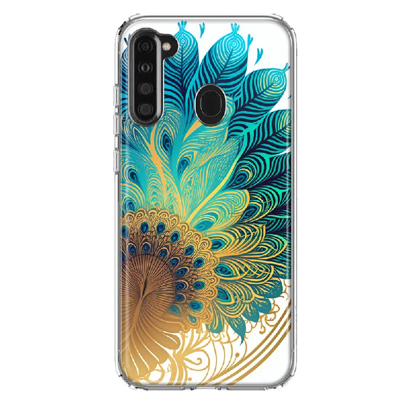 For Samsung Galaxy A21 Mandala Geometry Abstract Peacock Feather Pattern Design Hybrid Protective Phone Case Cover