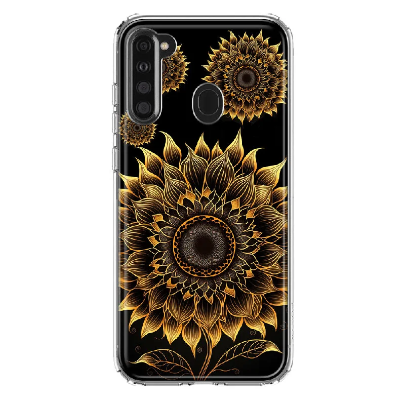 For Samsung Galaxy A21 Mandala Geometry Abstract Sunflowers Pattern Design Hybrid Protective Phone Case Cover