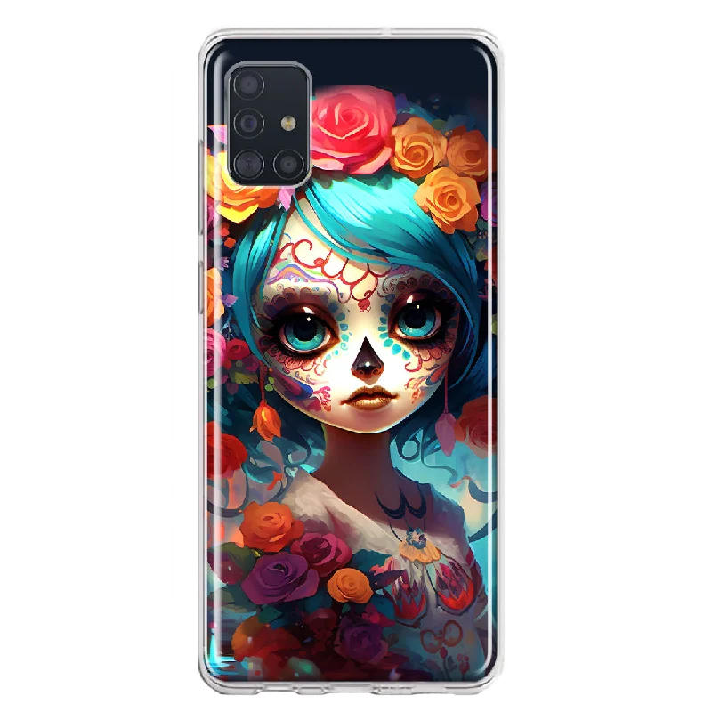 For Samsung Galaxy A51 Halloween Spooky Colorful Day of the Dead Skull Girl Design Hybrid Protective Phone Case Cover