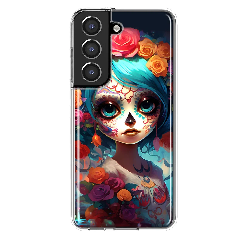 For Samsung Galaxy S21 Halloween Spooky Colorful Day of the Dead Skull Girl Design Hybrid Protective Phone Case Cover