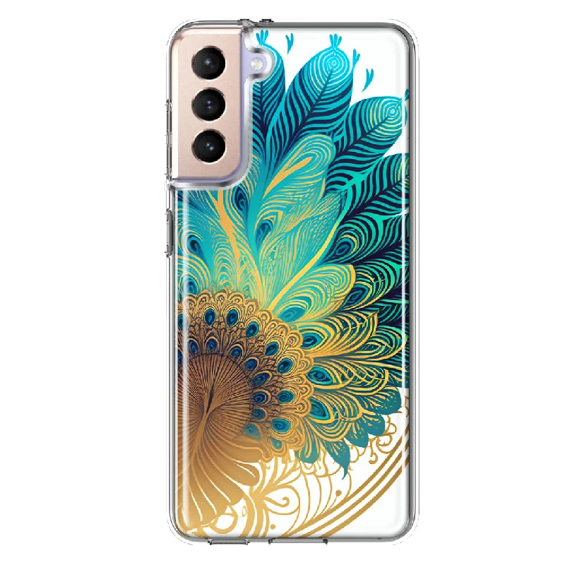 For Samsung Galaxy S21 Plus Mandala Geometry Abstract Peacock Feather Pattern Design Hybrid Protective Phone Case Cover