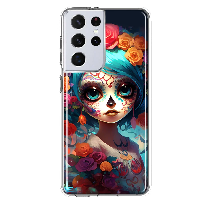 For Samsung Galaxy S21 Ultra Halloween Spooky Colorful Day of the Dead Skull Girl Design Hybrid Protective Phone Case Cover