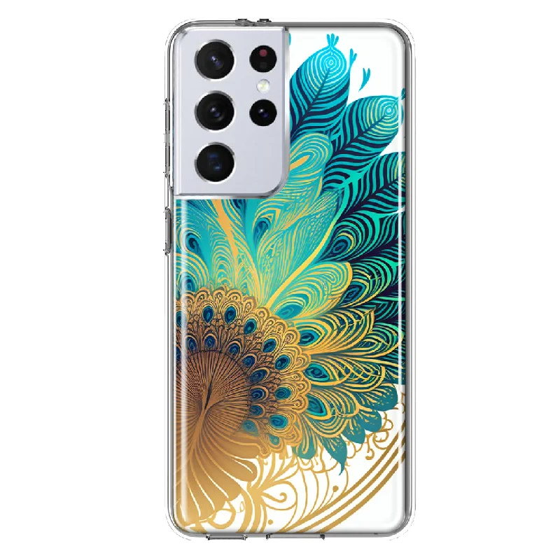 For Samsung Galaxy S21 Ultra Mandala Geometry Abstract Peacock Feather Pattern Design Hybrid Protective Phone Case Cover