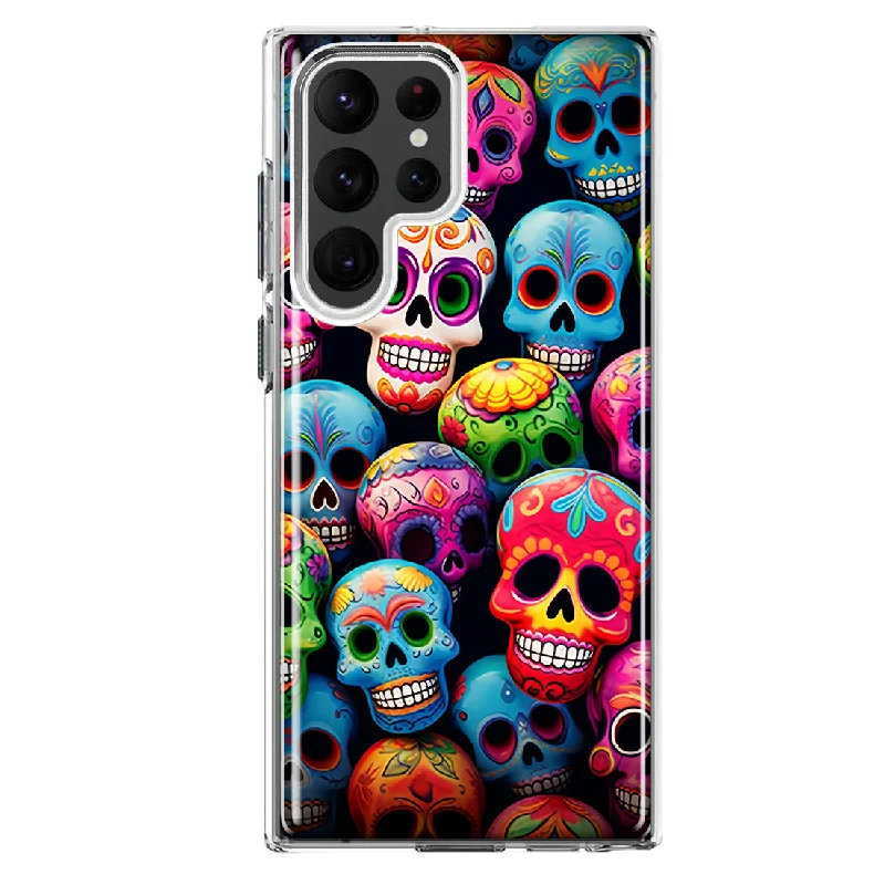 For Samsung Galaxy S22 Ultra Halloween Spooky Colorful Day of the Dead Skulls Design Hybrid Protective Phone Case Cover