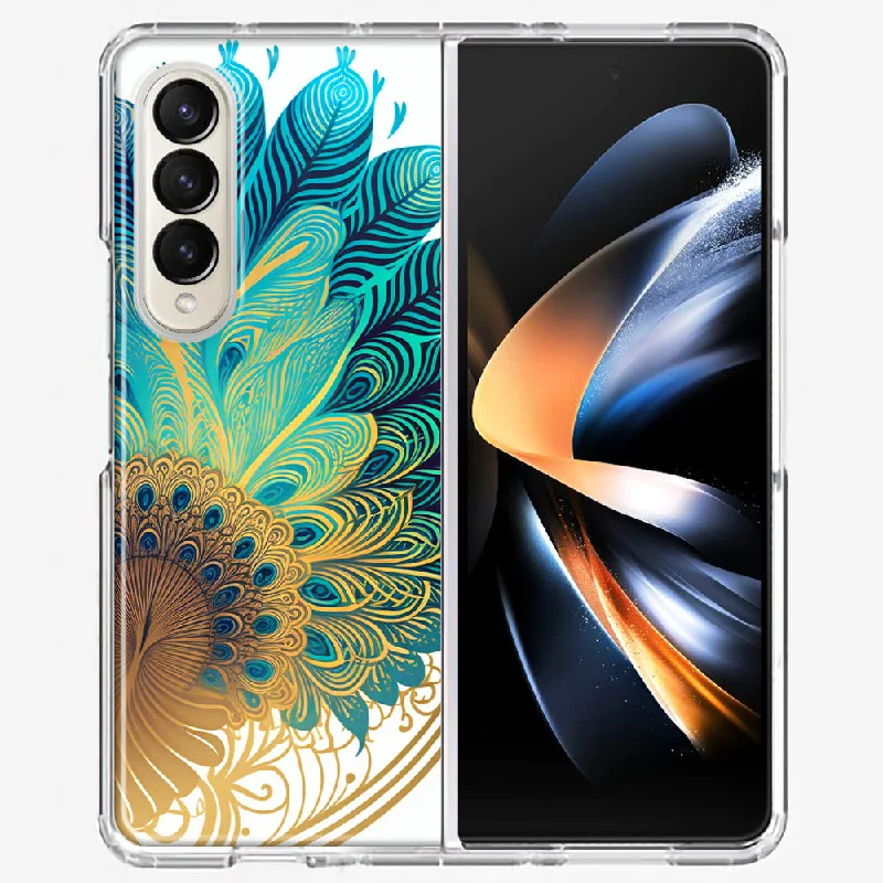 For Samsung Galaxy Z Fold 4 Mandala Geometry Abstract Peacock Feather Pattern Design Hybrid Protective Phone Case Cover